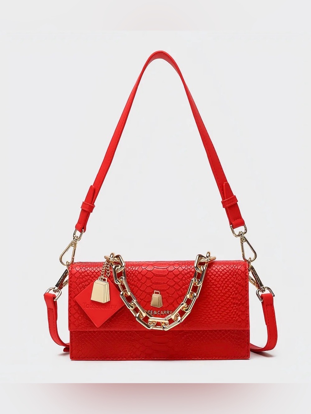Tote & Carry Red Croc Textured Leather Crossbody with Gold Chain